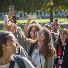 Many european students stand close together on a lawn and take selfies with their cell phones,