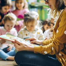 A smiling woman attentively reads a book to a group of children, AI generated