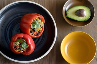 Stuffed red bell peppers with quinoa and beans on a dark ceramic plate with avocado, AI generated