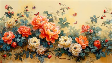 Vibrant illustration of orange flowers and butterflies with lush greenery on a warm backdrop, ai