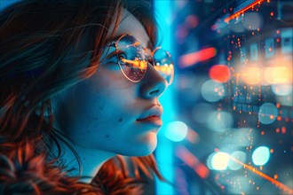 Woman in reflective glasses with neon blue light and bokeh, creating a futuristic look, AI