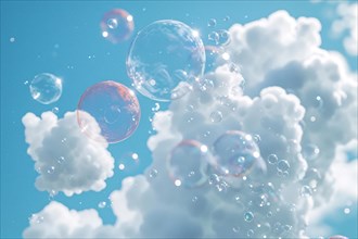 Bubbles float amidst clouds against a blue sky, capturing a whimsical and airy mood, AI generated