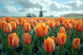Vibrant orange tulips with a windmill in the backdrop, AI generated