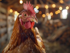 Portrait of a chicken with a red comb in front of softly blurred lights, AI generiert, AI generated