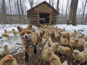 Fox runs towards the camera in front of chicken house in the snow, AI generated, AI generated