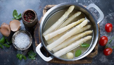 Cooking pot with white asparagus and various spices and herbs, fresh white asparagus in a cooking