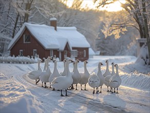 A row of swans marching on a snowy path with a red house in the background, AI generated, AI