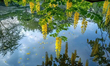 Laburnum flowers reflected in a tranquil pond AI generated