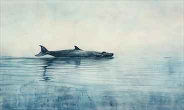 A serene watercolor painting featuring a solitary whale gracefully gliding through calm ocean