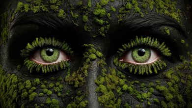 Woman's face with intricate moss and green eye makeup, merging seamlessly with nature elements,