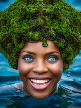 Beaming woman with moss hair, water droplets, in vibrant blue ocean, earth day concept, AI