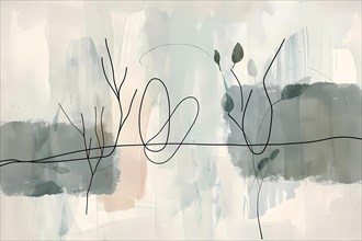 Neutral-toned abstract image with brush strokes and line-art depicting leaves, illustration, AI