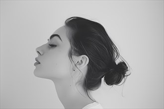 Side profile of a serene woman with closed eyes in black and white, illustration, AI generated
