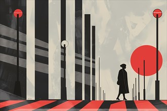 Surreal art of a pedestrian on a striped crosswalk with bold red and black tones, illustration, AI