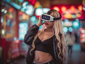 A fashion-forward individual wearing a VR headset stands before neon-lit urban scenery, AI