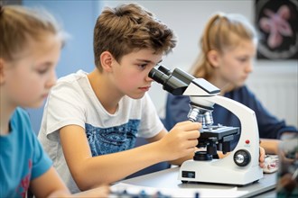 Student in a classroom looking into a microscope, biology lesson, AI generated, AI generated, AI