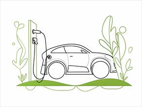 Simple outline drawing of an eco-friendly car at a charging station with greenery, illustration, AI