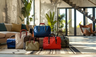 Variety of colorful bags arranged in a sunny modern living room AI generated