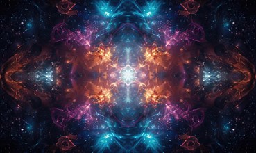 Symmetrical abstract celestial design with vibrant fractal elements in blue, purple, and orange AI