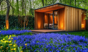 A serene modern wooden cabin surrounded by a lush carpet of bluebells and forget-me-nots in a