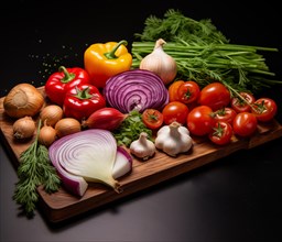 A variety of fresh vegetables displayed on a wooden cutting board, AI generated