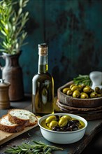 Rustic scene with olive oil bottle, olives, and bread on a wooden table, AI generated