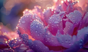 Close-up of a peony flower with dewdrops sparkling in the morning light AI generated