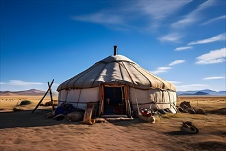 Traditional mongolian yurt in the mongolian desert, AI generated