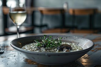 A bowl of gourmet risotto topped with truffle and fine herbs in a cozy, dimly lit ambiance, AI