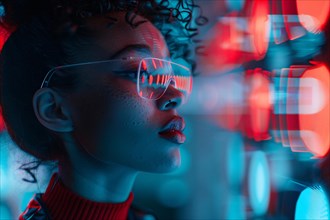 Woman in a cyberpunk inspired setting with colorful neon reflections on glasses, AI generated