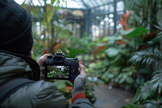 A person capturing the lush greenery of a jungle through the lens of a camera, AI generated