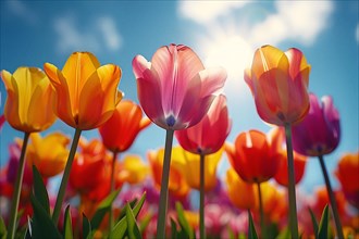 Sun shines on a field of brightly colored tulips, creating a lively spring atmosphere, AI generated