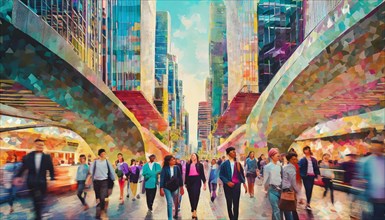 Stylized vibrant representation of busy urban life with abstract skyscrapers and pedestrians, low