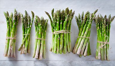 Assorted bundles of green asparagus tied with kitchen string on white background, AI generated, AI