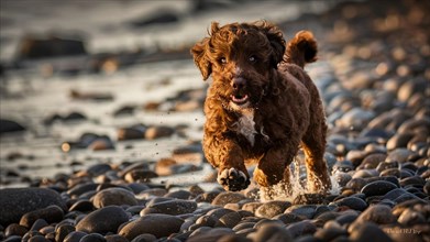 Playful water dog energetically running across a pebble beach, making a splash, AI generated