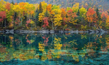 The vibrant colors of autumn reflected in the crystal-clear waters of the lake AI generated