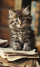 A kitten is sitting on top of a stack of books. The kitten is looking up at the camera with a