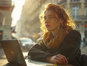 Eine nachdenkliche Frau arbeitet am Laptop in einem Cafe waehrend der goldenen Stunde, Lifestyle in