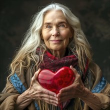 An older woman with white hair smiles and holds a red heart in front of her, AI generated
