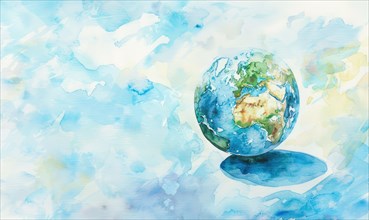 Watercolor illustration of Earth globe suspended in a clear blue sky AI generated