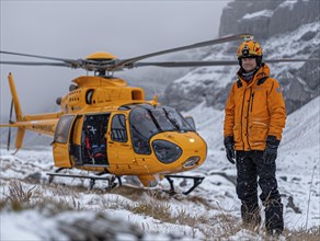 Ein Pilot steht neben einem gelben Rettungshubschrauber in einer winterlichen Berglandschaft,