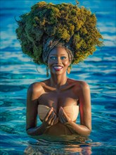 Confident woman in tan swimsuit with moss hair moss growing and thriving, creating a mystical and