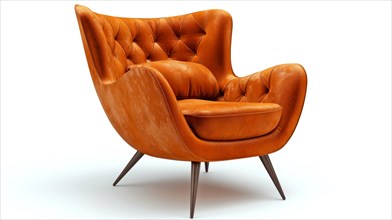 Stylish interior featuring a retro orange leather chair with tufted backrest, ai generated, AI
