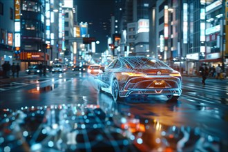 Neon-lit futuristic car driving through a city at night with reflections on wet ground, AI