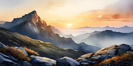 AI generated illustration of a solitary mountain peak at dawn