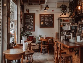 A cozy vintage cafe interior with wooden furniture and warm lighting, coffee shop, Rome, Italy, AI