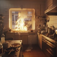 Harmoniously lit kitchen is affected by a fire, AI generated