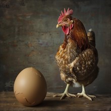 A chicken stands next to a large brown egg in a studio setting, AI generated