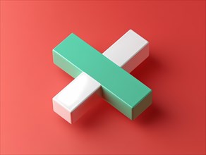 A three-dimensional green and white health cross symbol on a red background, illustration, AI