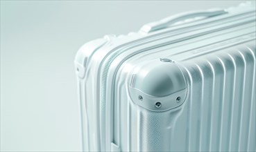 Close-up view of a silver modern suitcase with a focus on its handle and texture AI generated